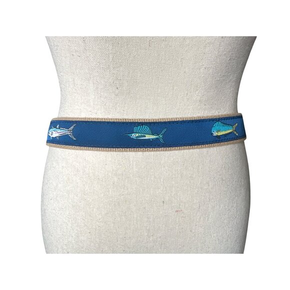 OFFSHORE SLAM Belt Saltwater Fish WOVEN RIBBON Solid Brass Buckle Blue Size 32 - Picture 3 of 4